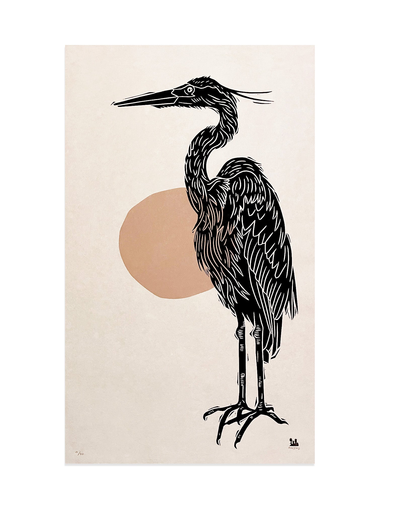 Mauve Heron Woodblock Print